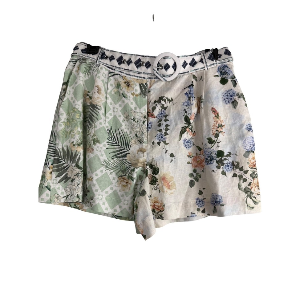 Magaschoni Floral Patchwork High-Waist Shorts in Green and Cream